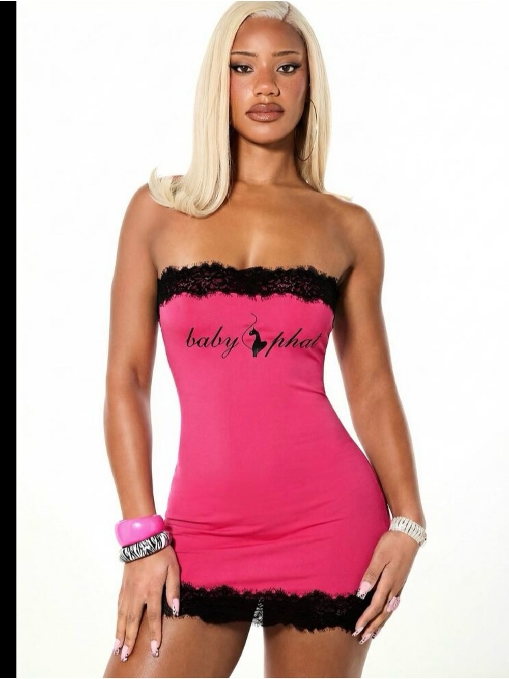 Baby Phat Hot Pink Strapless Lace Trim Mini Dress